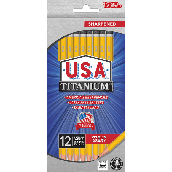 USA Titanium Premium Yellow #2 HB Pencils 12 Count Sharpened Woodcase Pencils