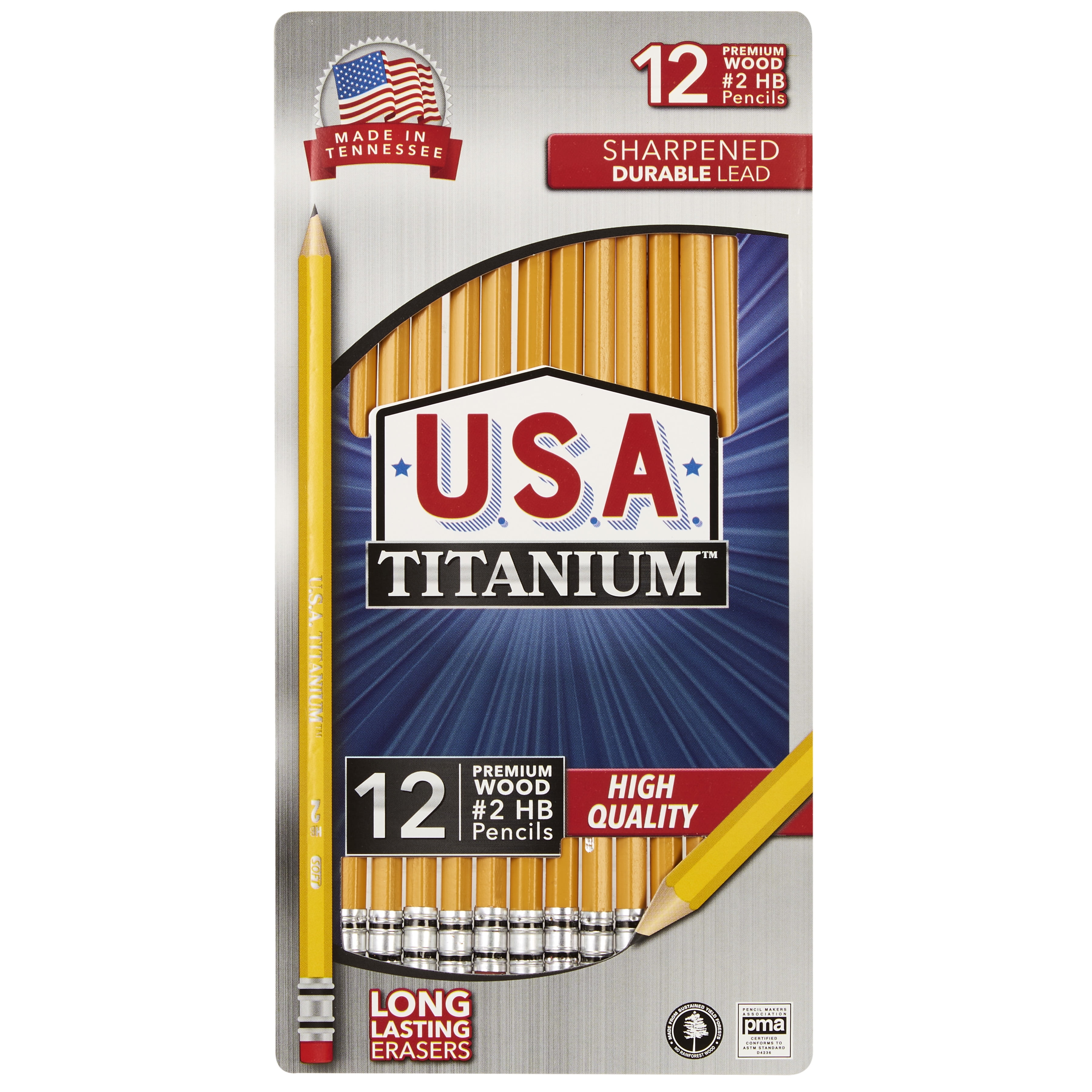 USA Titanium Premium Yellow #2 HB Pencils 12 Count Sharpened Woodcase Pencils