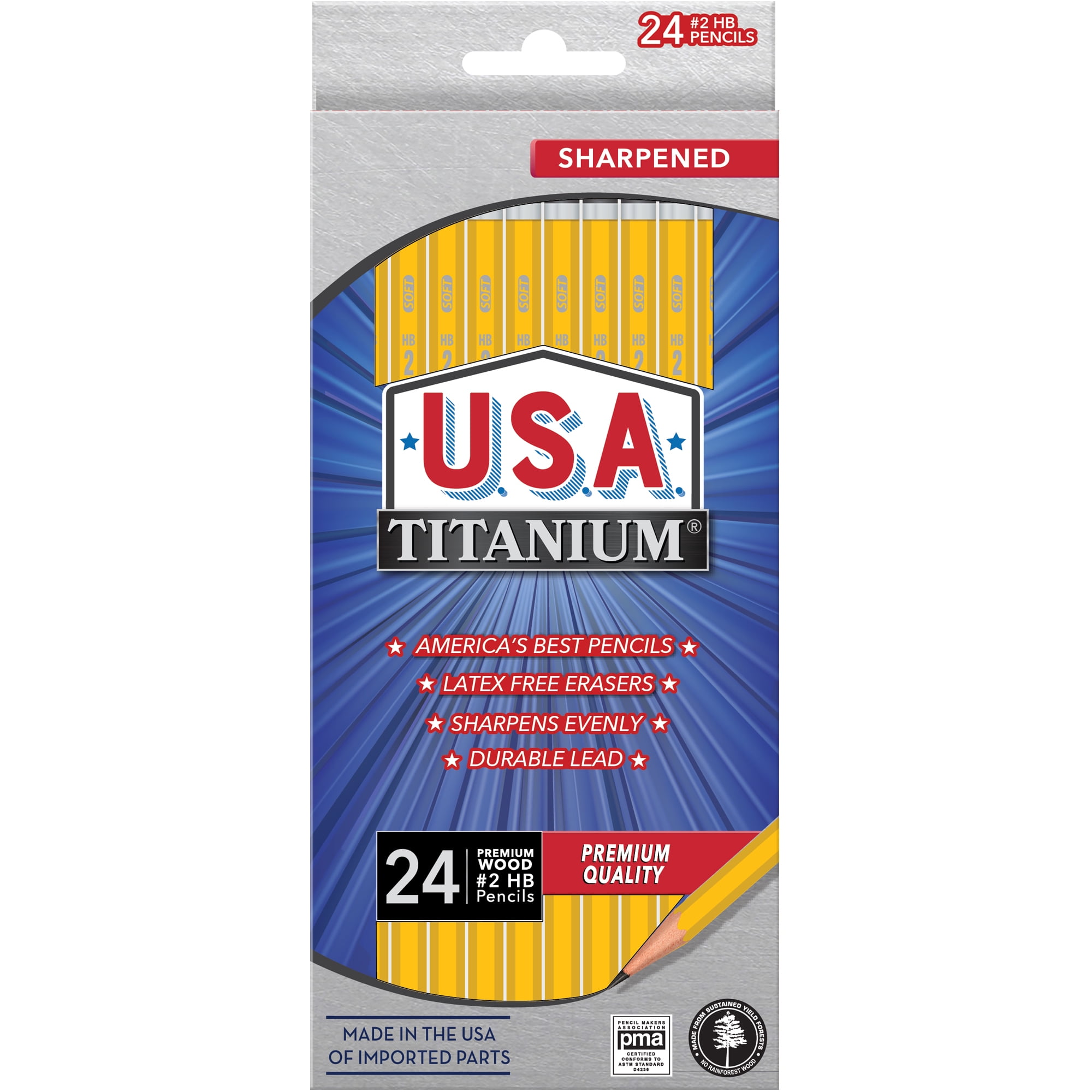 USA Titanium Premium Yellow #2 HB Pencils, Sharpened Woodcase Pencils, 24 Count