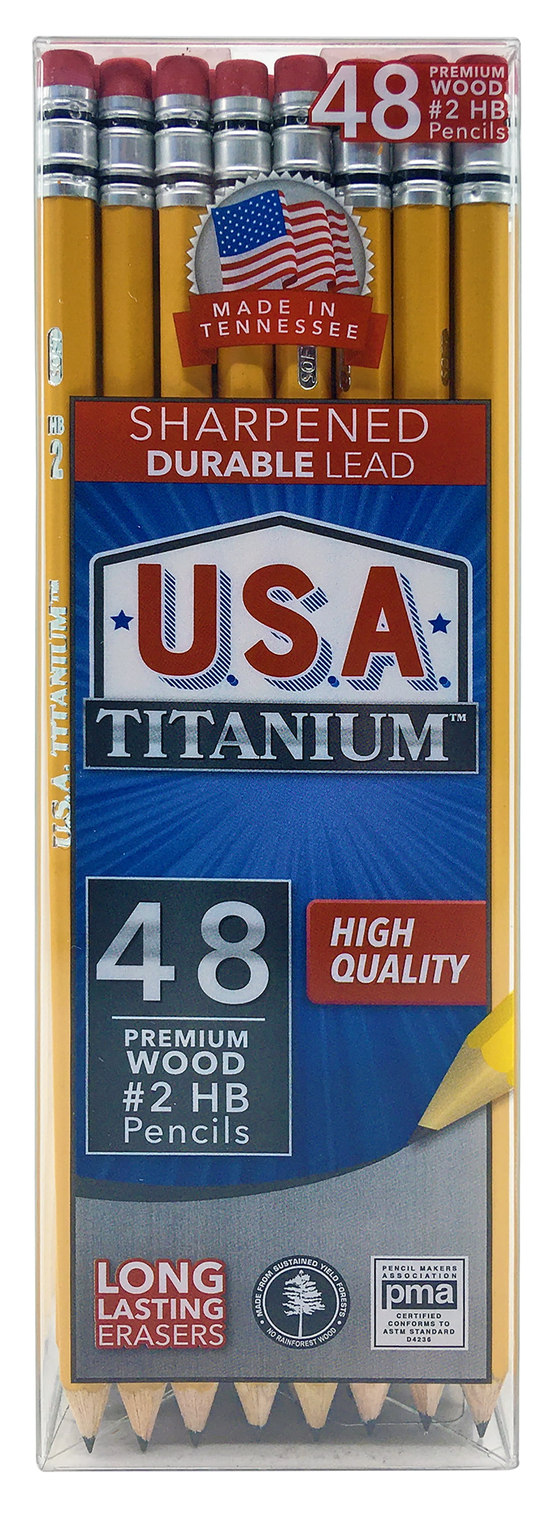 USA Titanium Premium Yellow #2 HB Woodcase Pencils, Sharpened, 48 Count