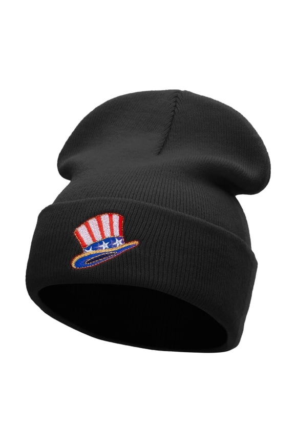 USA Top Hat Embroidered 12 Inch Long Knitted Beanie - Black OSFM