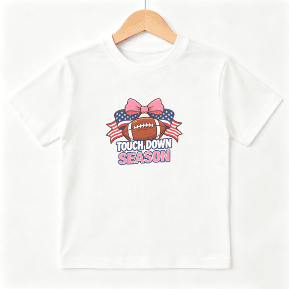 USA Touchdown Season Girls Graphic Tee, Patriotic Football 100% Cotton Kids Short Sleeve T-Shirt