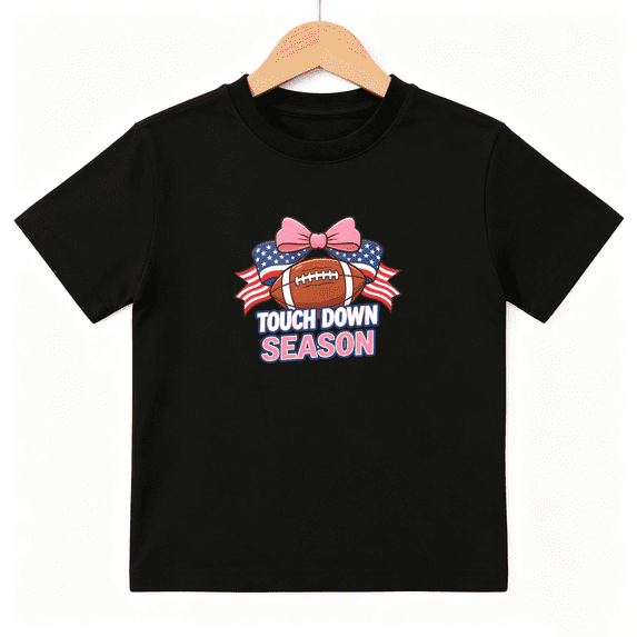 USA Touchdown Season Girls Graphic Tee, Patriotic Football 100% Cotton Kids Short Sleeve T-Shirt