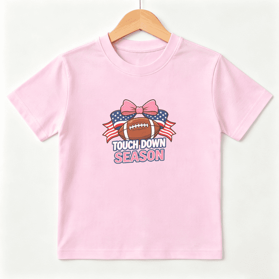 USA Touchdown Season Girls Graphic Tee, Patriotic Football 100% Cotton Kids Short Sleeve T-Shirt