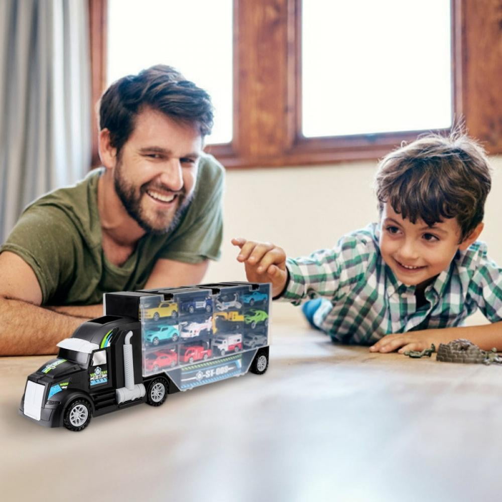 USA Toy Truck Transport Car Carrier - Toy Truck Includes 6 Toy Cars and Accessories - Toy Trucks Fits Toy Car Slots - Great Car Toys Gift For Boys and Girls - Original