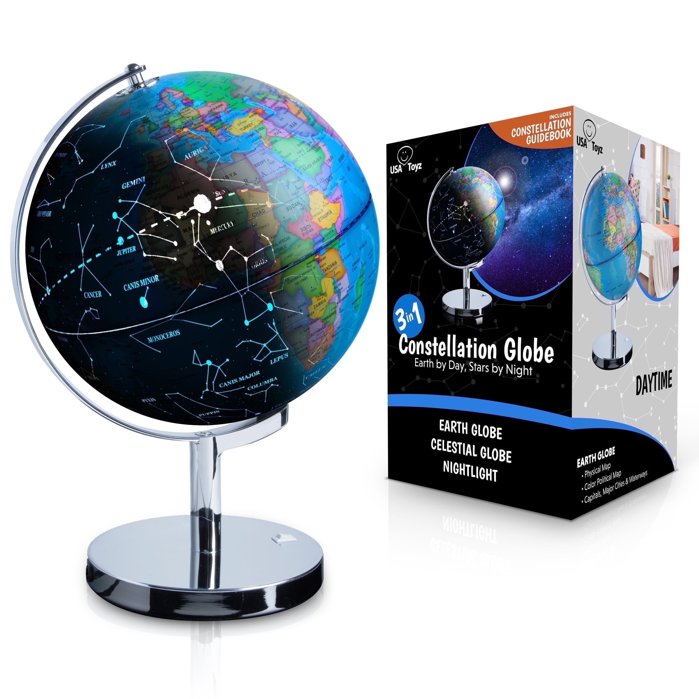 USA Toyz Illuminated World Globe with Stand - 3in1 STEM Globes for Adults and Kids, Constellation Map, Built-In LED Night Light Lamp, Easy to Read Texts, Non-Tip Base, 13.5 Inch Tall, 9 Inch Diameter