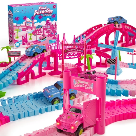 USA Toyz Pink Paradise Adventure Tracks 225 Piece, Interactive STEM Snap Car Toy Set Tracks for Kids