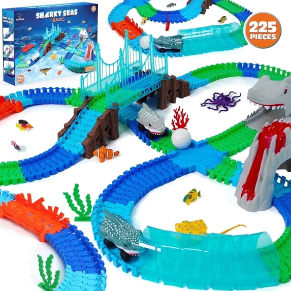 USA Toyz Shark Car Seas 225 Piece Spring Break Race Tracks Playset Underwater Themed STEM Toys for Kids Ages 3+