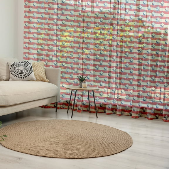 USA Tulle Curtains with Rod Pocket, Nostalgic Independence Day Poster Pattern with Large Stars Western Graphic, Sheer Drape for Wedding Party 2 Panels, 7 Sizes, Eggshell Red Navy Blue, by Ambesonne