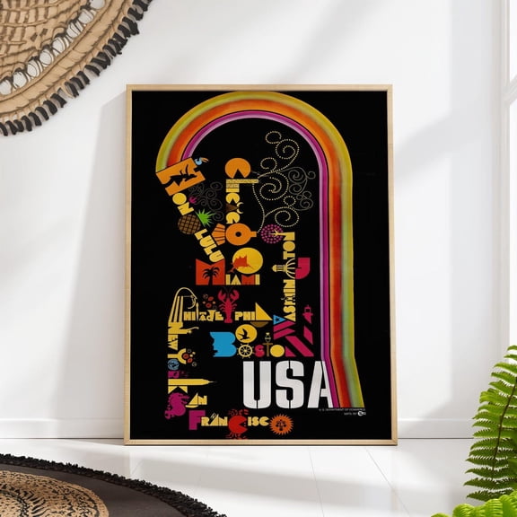 USA Typography Map Colorful City Name Travel Wall Art, Stretched Canvas 12x16in