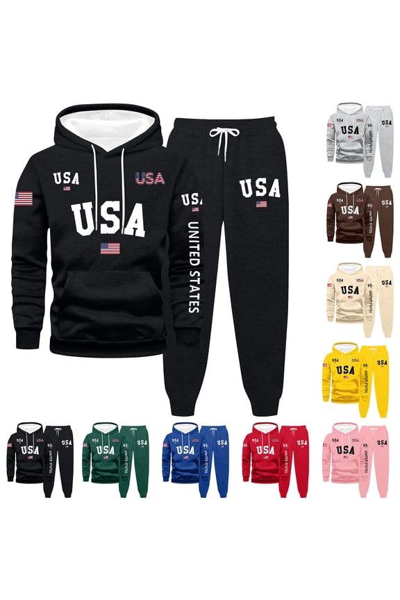 USA UNITED STATES Men's Big and Tall 2-Piece Set, Solid Color Printed Sweatshirt and Pants, Casual Lounge Wear For Winter Relaxing and Home,Royal Blue,L