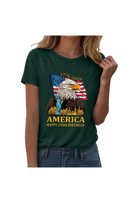 4th of July Shirts for Women: American Flag Tee USA Red White Blue Top Patriotic Round Neck T Shirt Dark Green,M