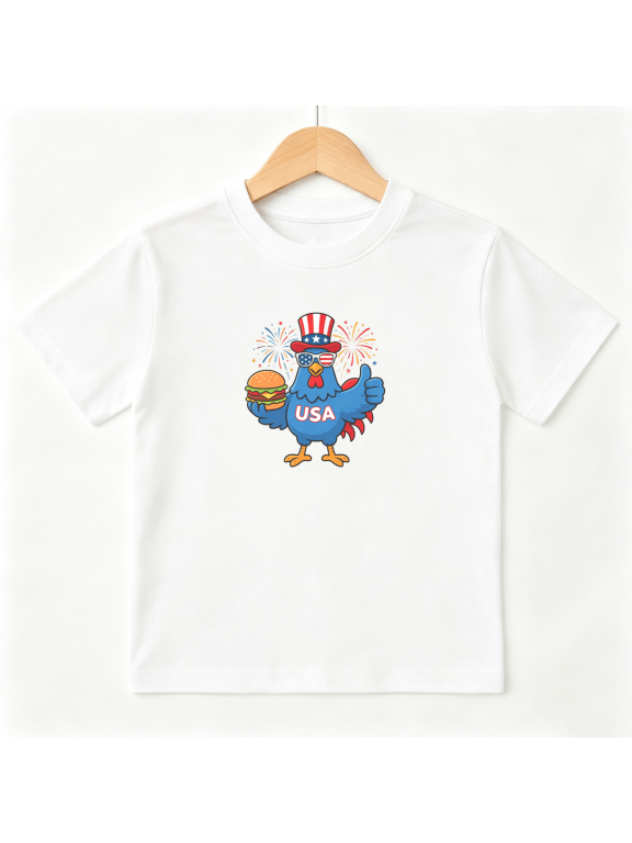 USA Uncle Sam Chicken Burger 4th July Boys Graphic Tee, Patriotic 100% Cotton Kids Short Sleeve T-Shirt 4-13Y