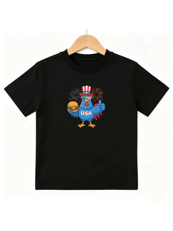 USA Uncle Sam Chicken Burger 4th July Boys Graphic Tee, Patriotic 100% Cotton Kids Short Sleeve T-Shirt 4-13Y