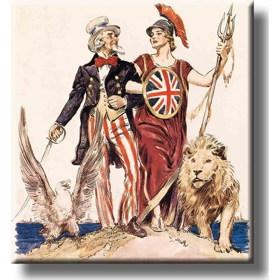 USA Uncle Sam and Great Britain Side by Side Picture on Stretched Canvas, Wall Art Decor, Ready to Hang!