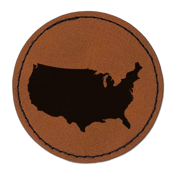 USA United States America Country Silhouette 2.5" Faux Leather Round Engraved Iron-On Patch - Brown