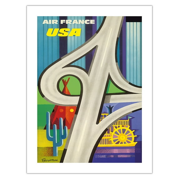 USA (United States of America) - Freeway & American Icons - France - Vintage Airline Travel Poster by Roger Excoffon c.1960 - Bamboo Fine Art 290gsm Paper Print (Unframed) 18x24in