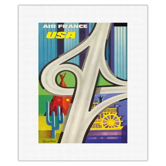 USA (United States of America) - Freeway & American Icons - France - Vintage Airline Travel Poster by Roger Excoffon c.1960 - Fine Art Rolled Canvas Print 11in x 14in