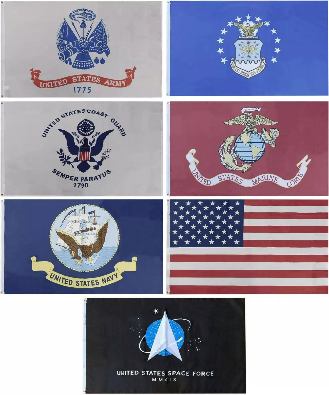 USA & United States Military 7 Flag Set 3'x5' 100D Nylon (Box) LICENSED