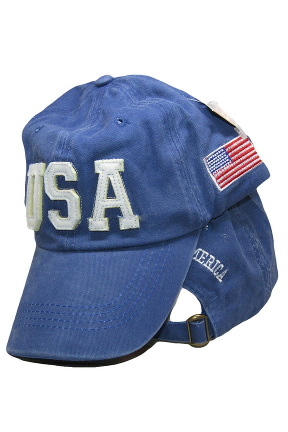 USA United States of America 3D & USA Flag Blue Washed Embroidered Hat Cap (RUF)