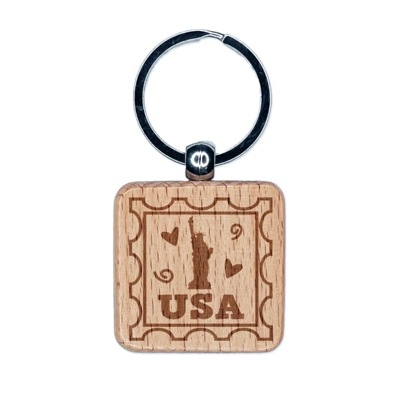 USA United States of America Passport Travel Square Keychain Charm Tag - Engraved Wood