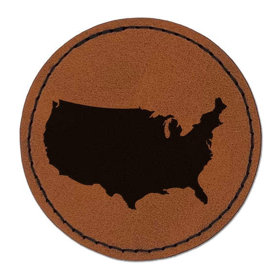 USA United States of America Solid 2.5" Faux Leather Round Engraved Iron-On Patch - Brown
