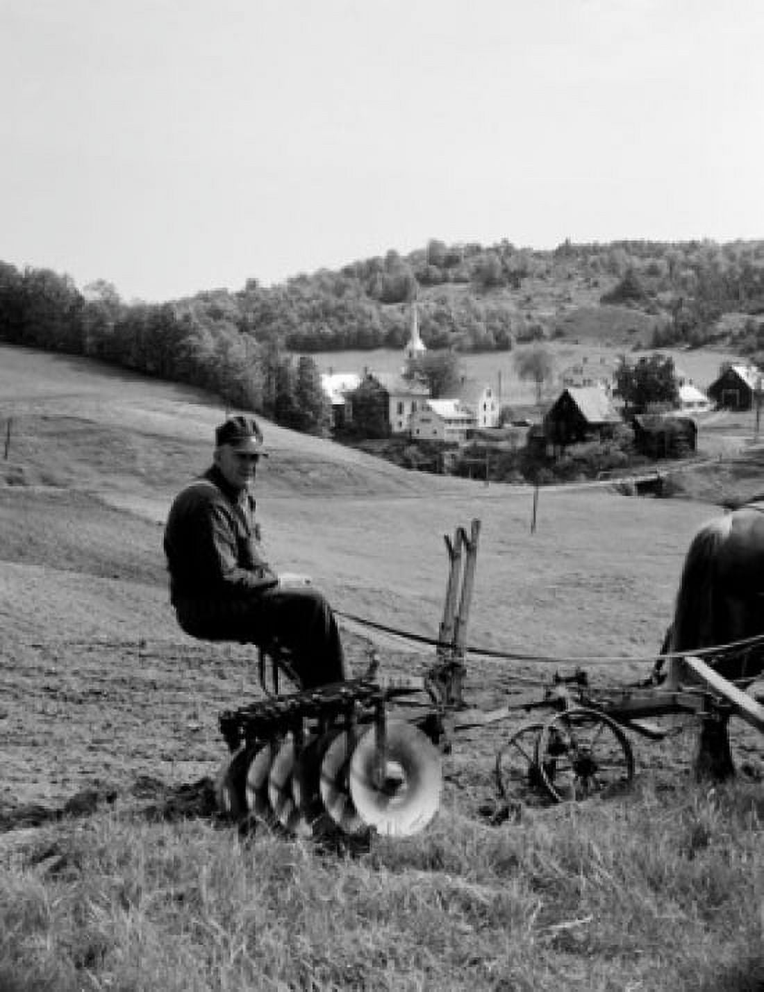 USA Vermont Corinth farmer sitting on agriculture machine pulling by horse Canvas Art - (18 x 24)