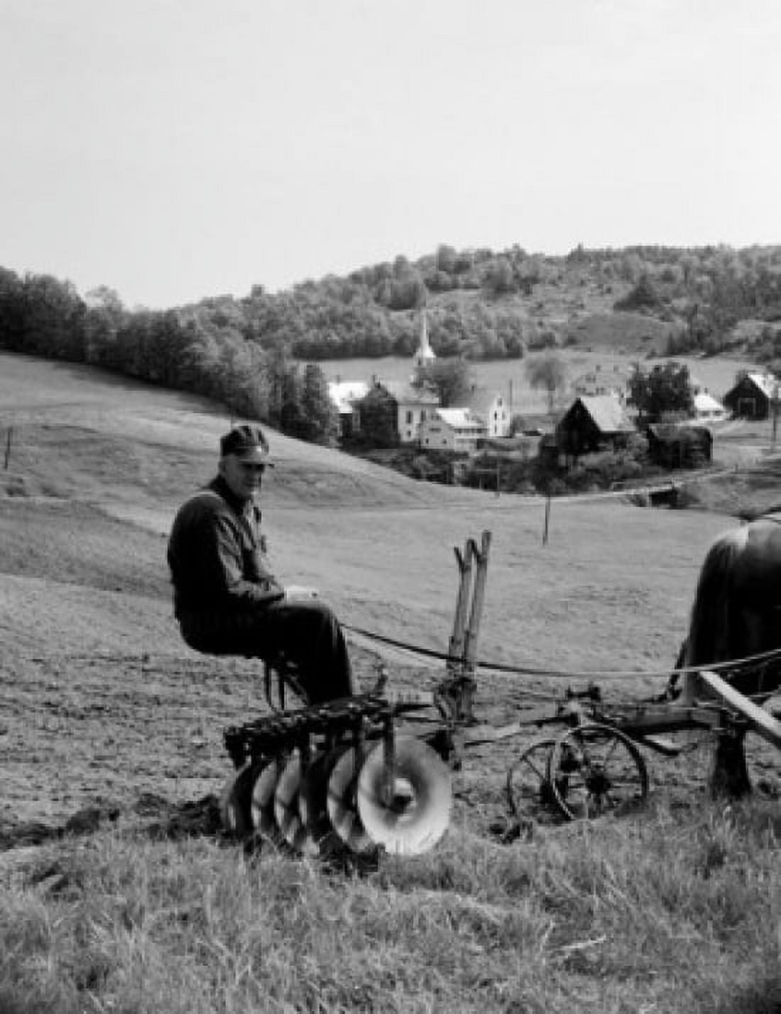 USA Vermont Corinth farmer sitting on agriculture machine pulling by horse Canvas Art -  (24 x 36)