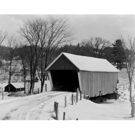 USA Vermont Covered Bridge in Winter Poster Print - 18 x 24 in.