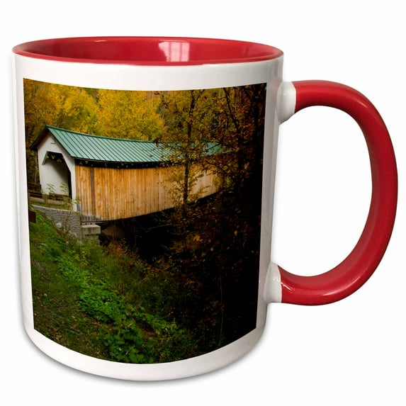 USA, Vermont, Montgomery. 1883 Hutchins Bridge with fall foliage. 11oz Two-Tone Red Mug mug-208242-5