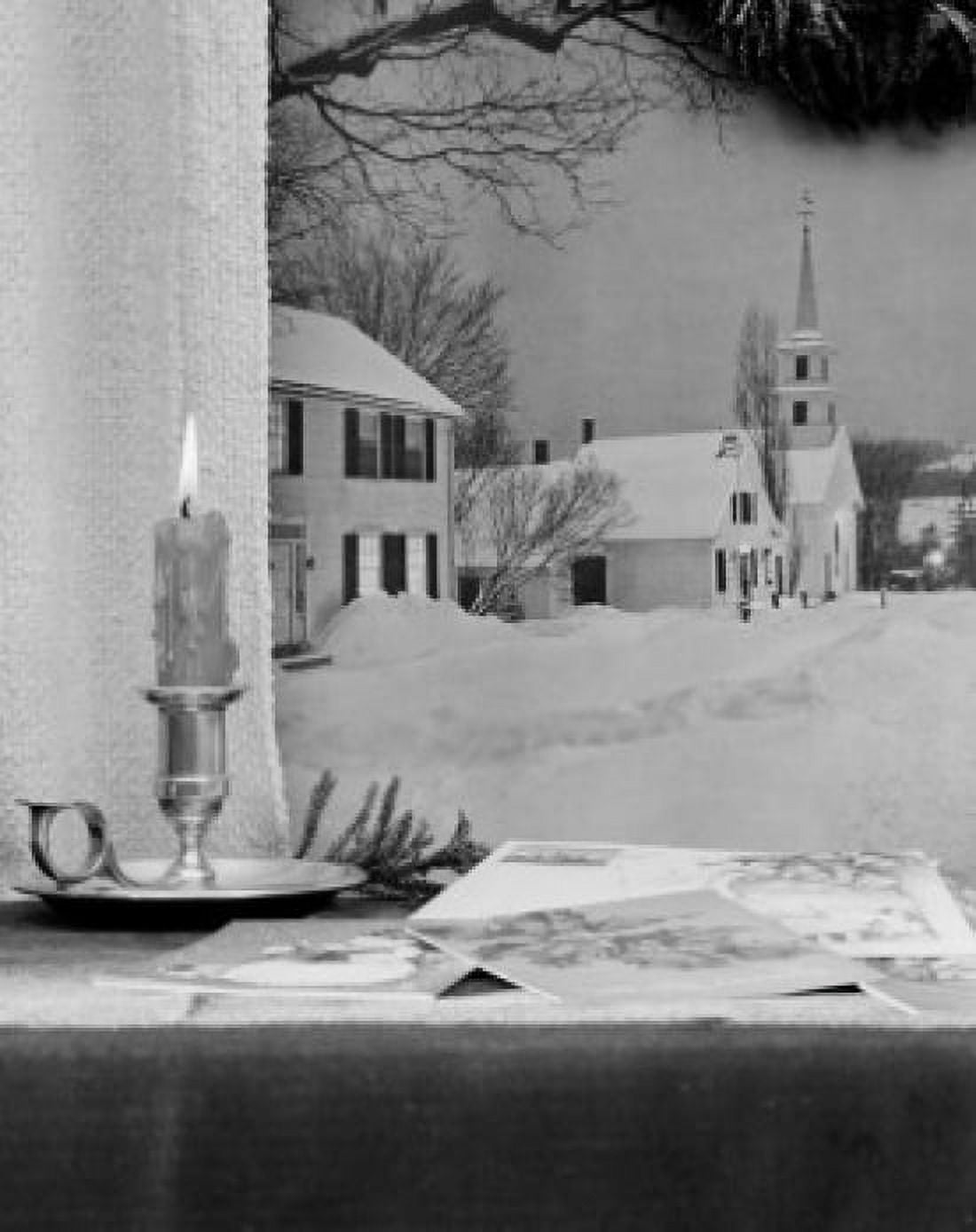 USA Vermont Waterford Christmas candle and greeting cards on window sill church in background Canvas Art - (18 x 24)