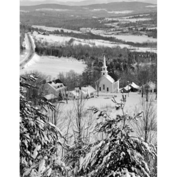 USA Vermont Waterford Snow Covered Pines & Church Poster Print - 18 x 24 in.