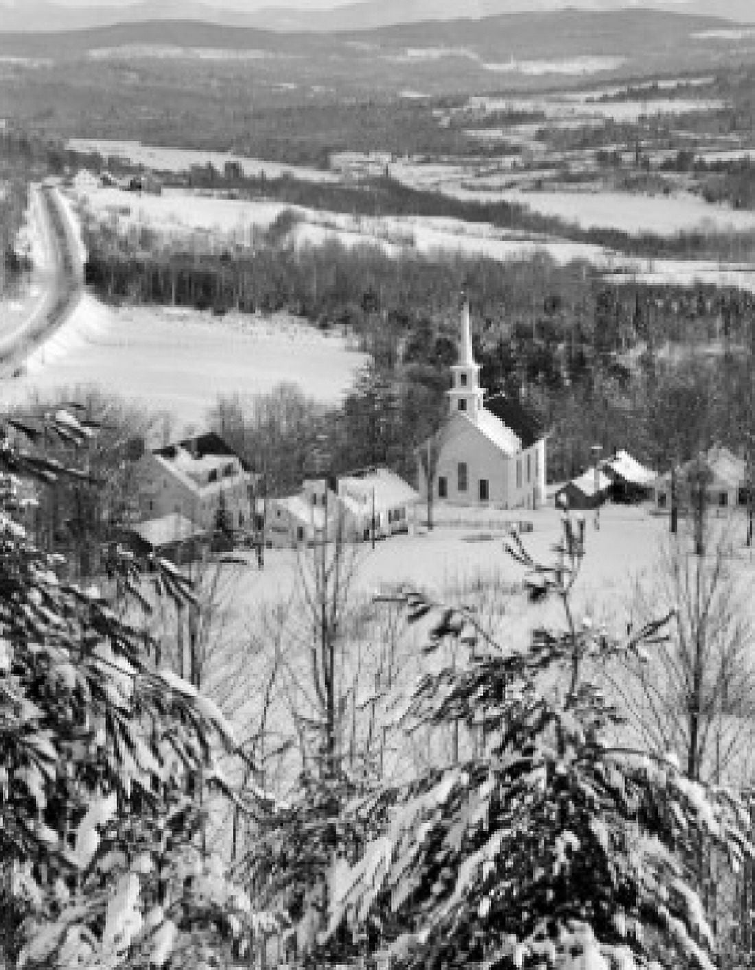 USA Vermont Waterford snow covered pines and church Canvas Art - (18 x 24)