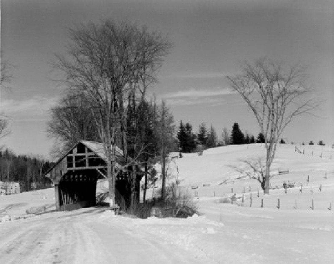 USA Vermont Winter scene of covered bridge near Irasburg Canvas Art - (24 x 36)