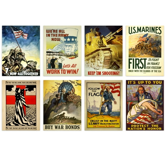 USA Vintage Recruitment War Bonds Posters Collection Set Of 8 Unframed Wall Art Prints Study Office Aesthetic WW1 WW2 War Army Navy Military 12X16 Inch