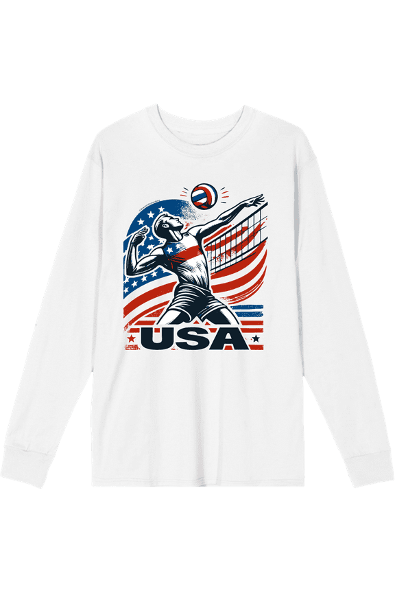 USA Volleyball Adult White Crew Neck Long Sleeve Tee-3XL