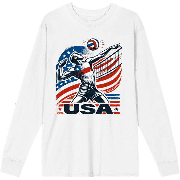 USA Volleyball Adult White Crew Neck Long Sleeve Tee-Medium
