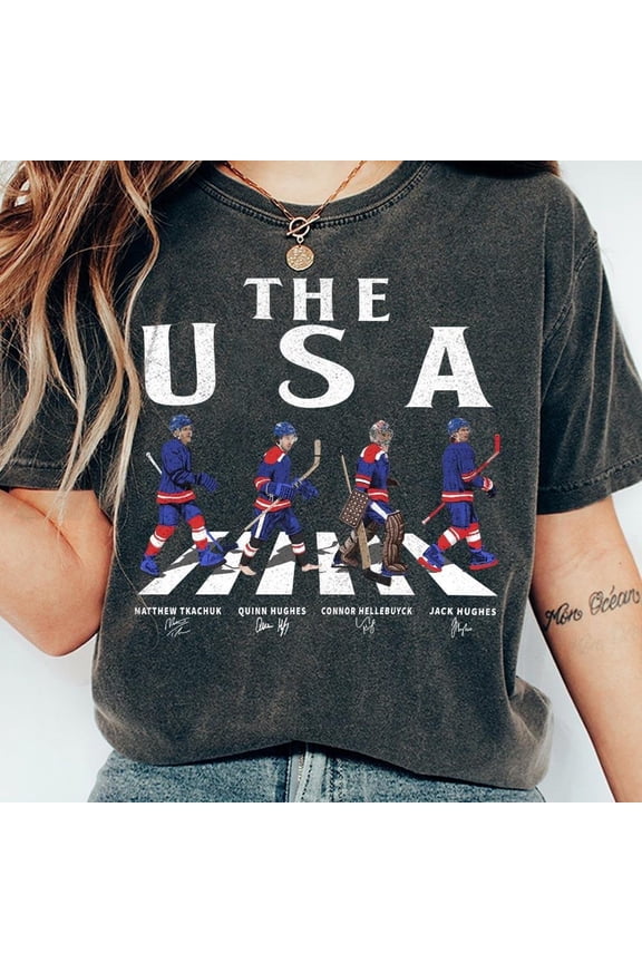 USA Walking Road Signatures Ice Hockey Shirt, Jack Hughes Quinn Hughes Connor Hellebuyck Gift For Fan Hockey Unisex Multi