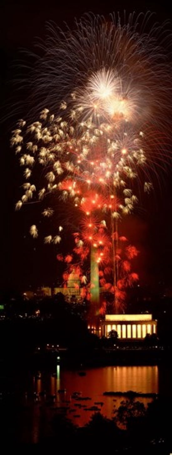 USA Washington DC Fireworks over Lincoln Memorial Canvas Art - Panoramic Images (15 x 6)