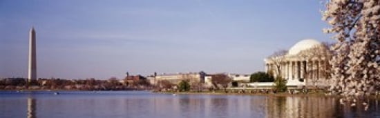 USA Washington DC Washington Monument and Jefferson Memorial Tourists outside the memorial Canvas Art - Panoramic Images (36 x 12)