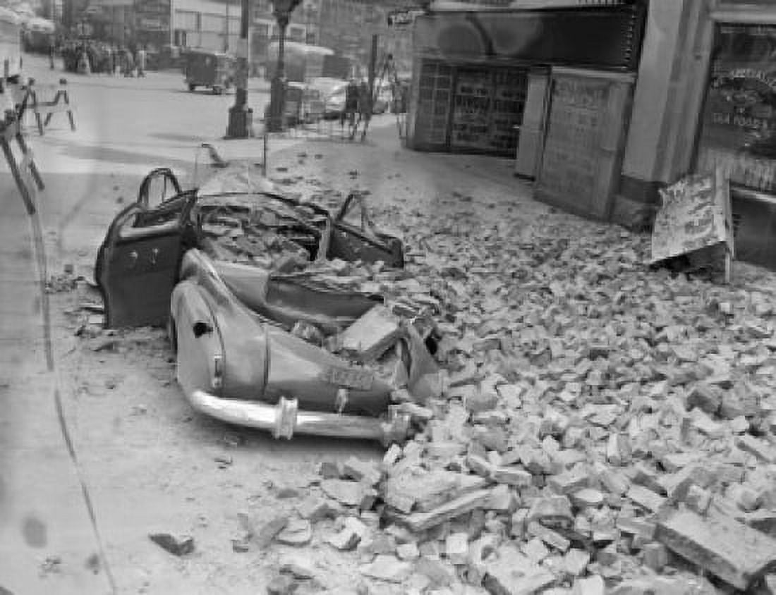 USA Washington Seattle earth quake damage car demolished by falling bricks Canvas Art - (18 x 24)