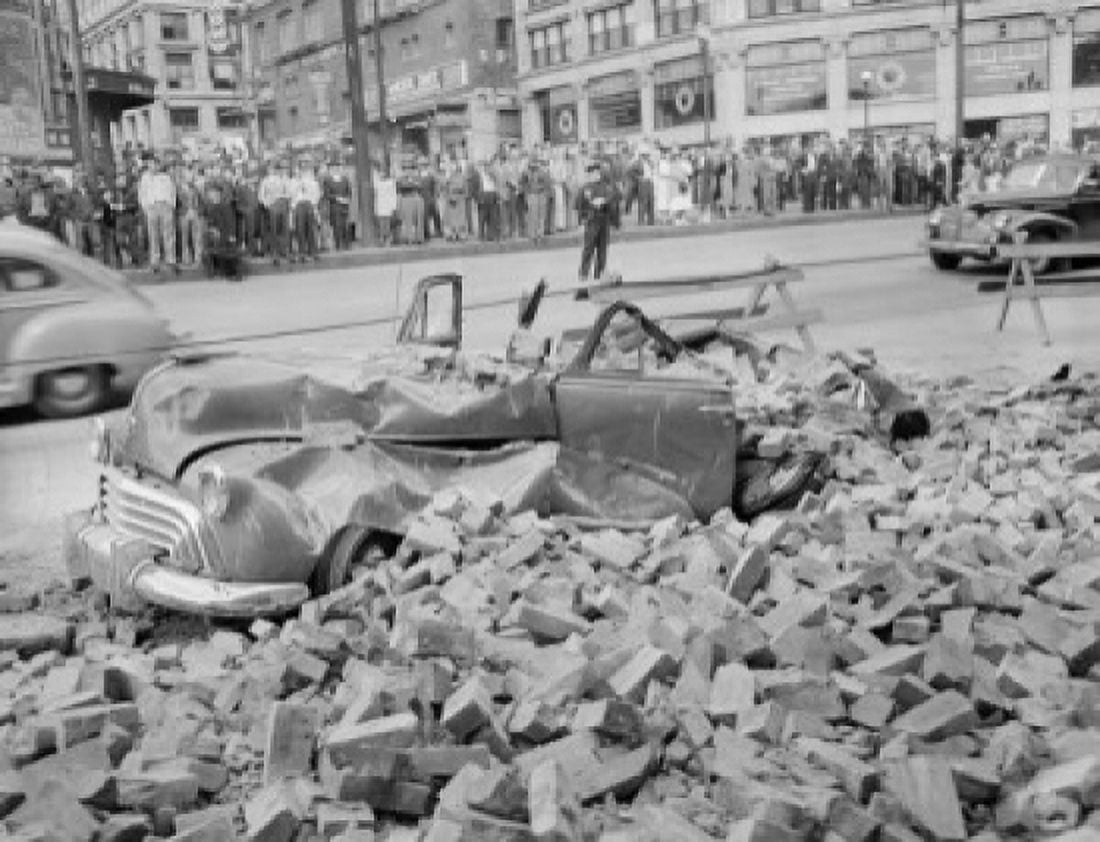 USA  Washington Seattle earth quake damage car demolished by falling bricks Canvas Art -  (24 x 36)