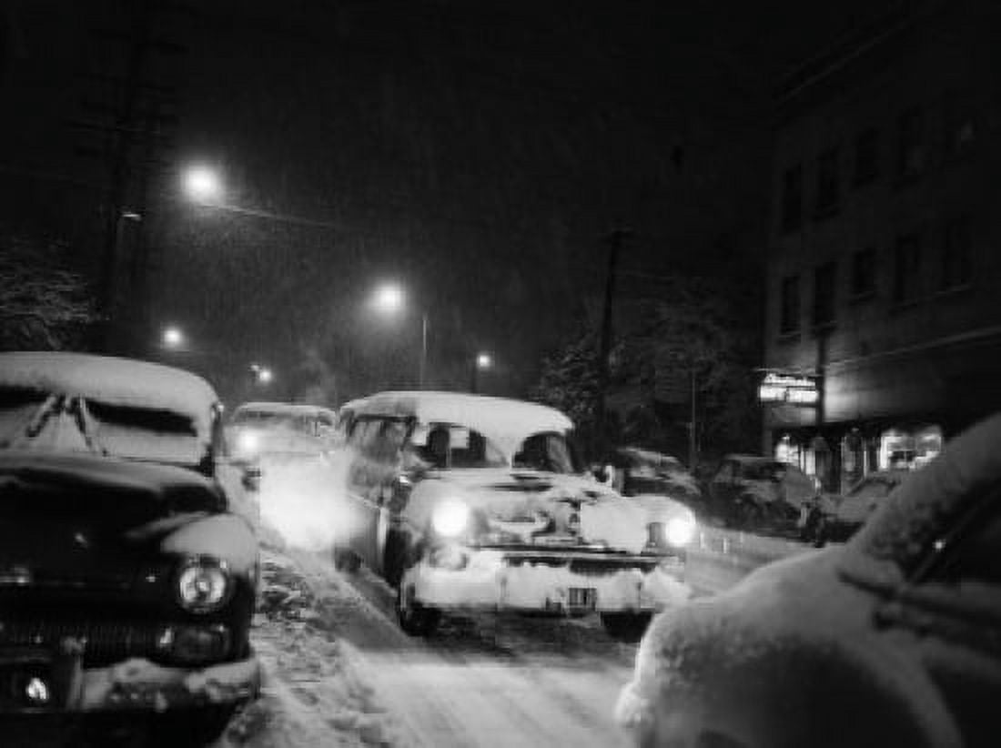 USA Washington Seattle heavy snowfall on road at night Canvas Art - (18 x 24)