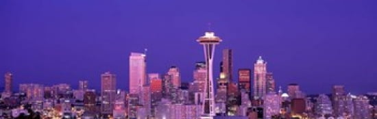 USA Washington Seattle night Canvas Art - Panoramic Images (36 x 12)