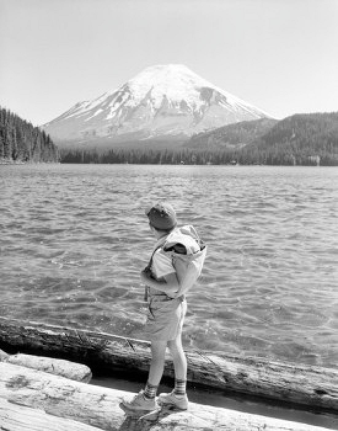 USA Washington State boy looking at Mountain Saint Helens and Spirit Lake Canvas Art - (18 x 24)