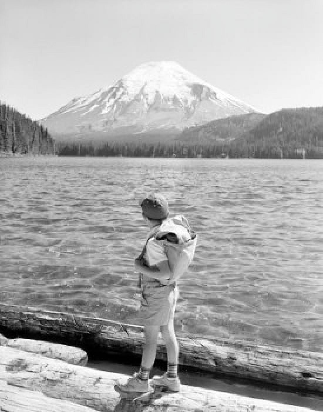USA Washington State boy looking at Mountain Saint Helens and Spirit Lake Canvas Art - (24 x 36)