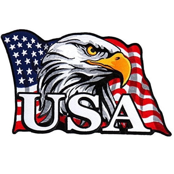 USA Waving Flag with Eagle Head - Embroidered Iron-on/Sew-on Rayon Patch & Appliques - 4" x 3"