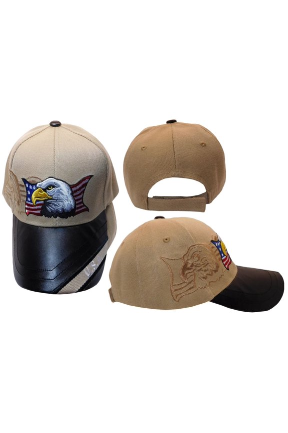 USA Wavy Flag Bald Eagle American Khaki Beige Adjustable Embroidered Cap Hat