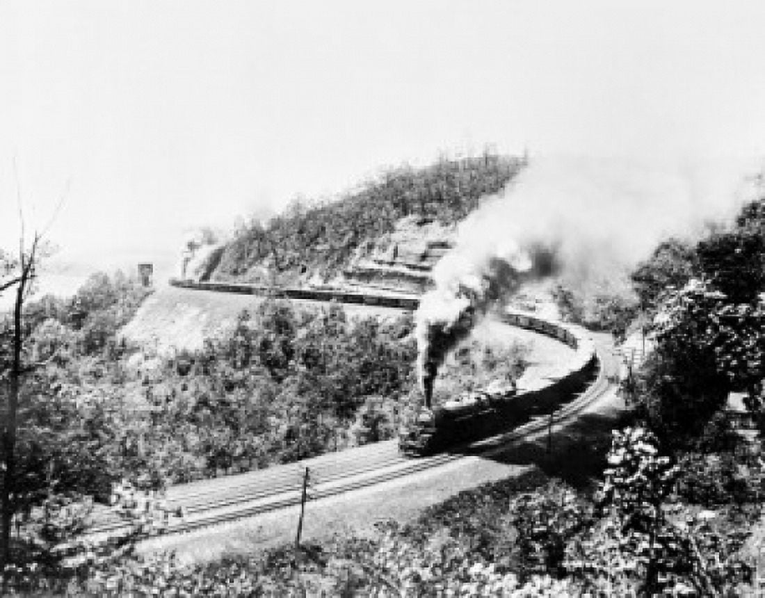 USA West Virginia Terra Salt Lick Curve Baltimore And Ohio Railroad Coal train two helper engines on rear and giant Mallet type locomotive on front Canvas Art - (18 x 24)