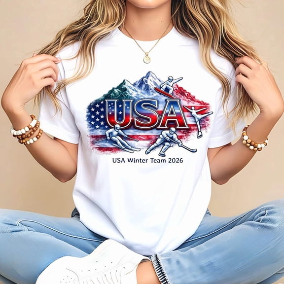 USA Winter Sports 2026 Graphic Shirt Italy Milano Cortina Inspired Patriotic Mountain Ski Snowboard Hockey Design Unisex Cotton T-Shirt, Size S-5XL
